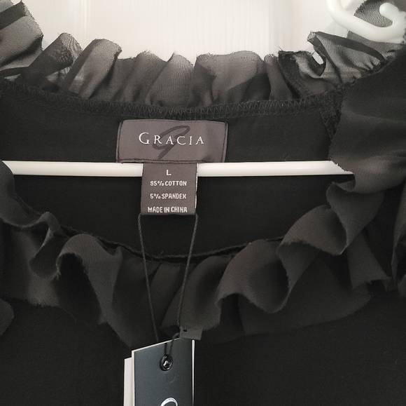 Gracia Black Ruffle Mesh Sleeve Top – Size L, NWT - Picture 3 of 3